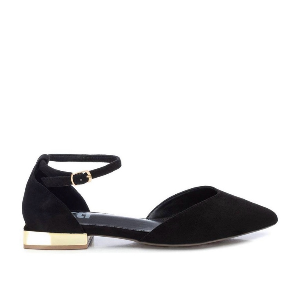 Chic Black Ankle Strap Flats with Gold Accent